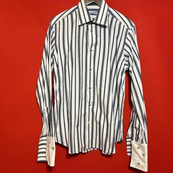 Robert Graham Men's Blue Striped Long Sleeve‎ Shirt 16.5 Size Large - Picture 1 of 7